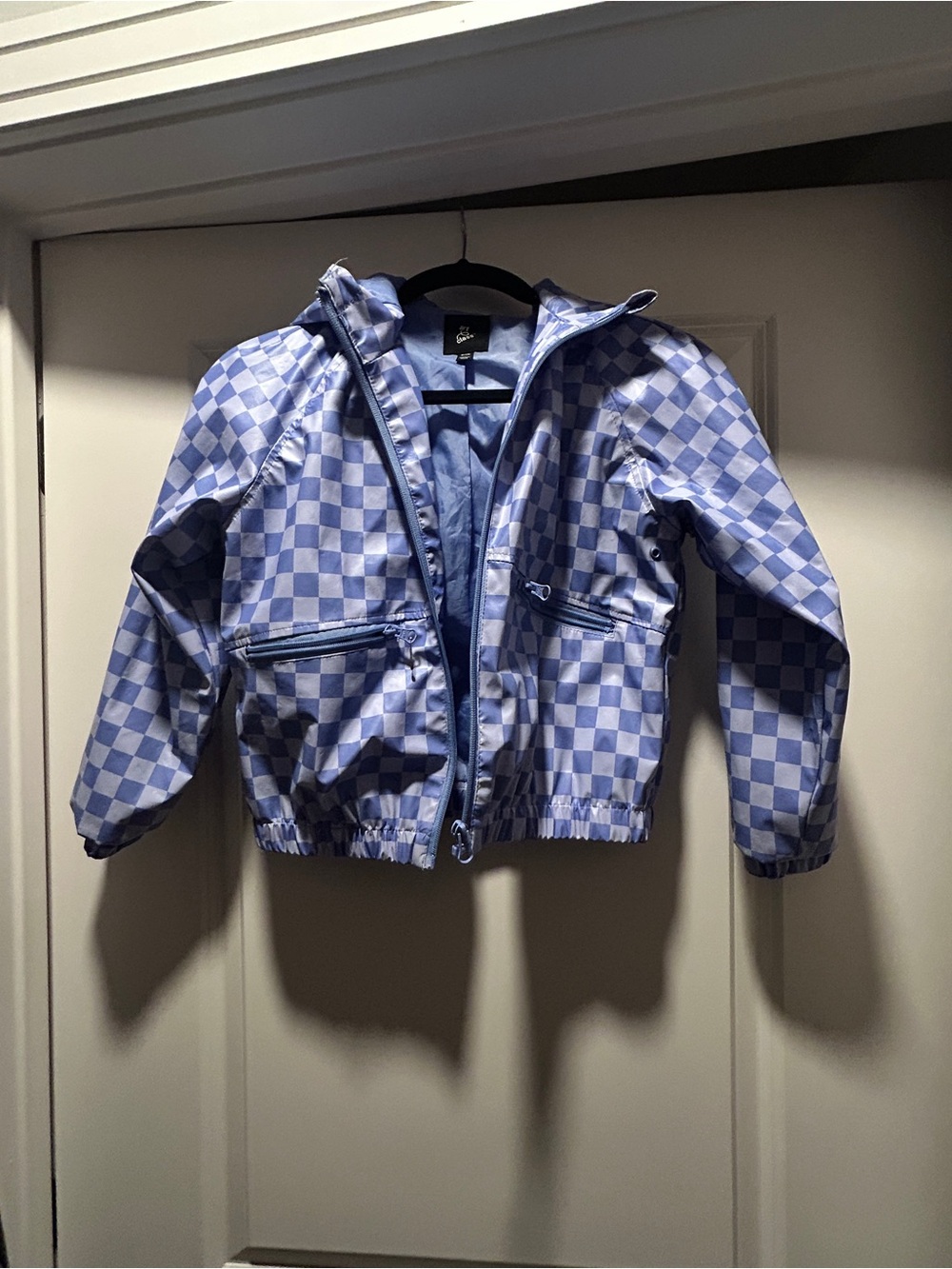 Art Class Kids Blue Checkerboard Hooded Windbreaker Jacket M 7/8